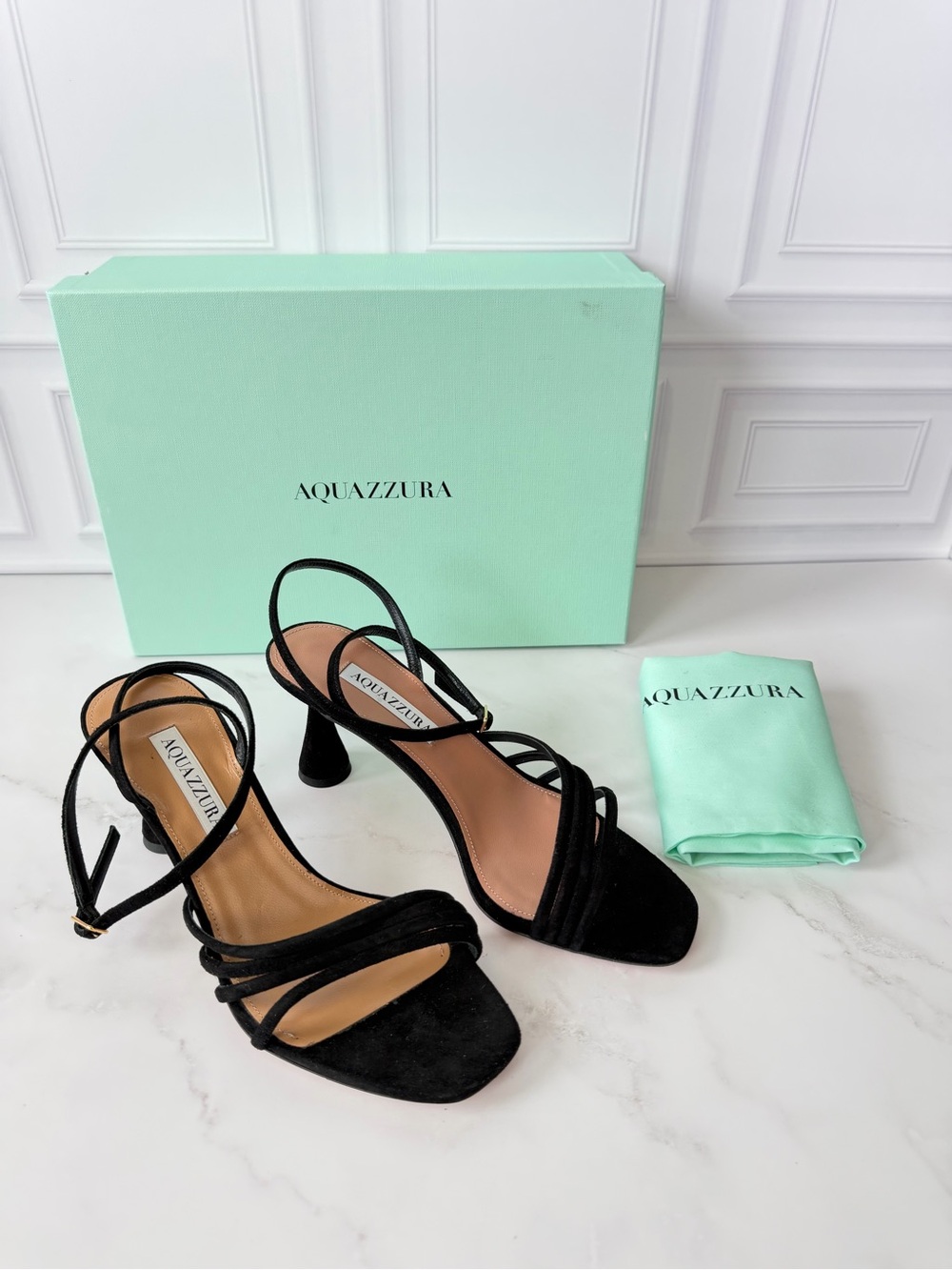 Aquazzura Latour Sandal 75 Black Suede Strappy Heels Women’s EU 37.5 US 7